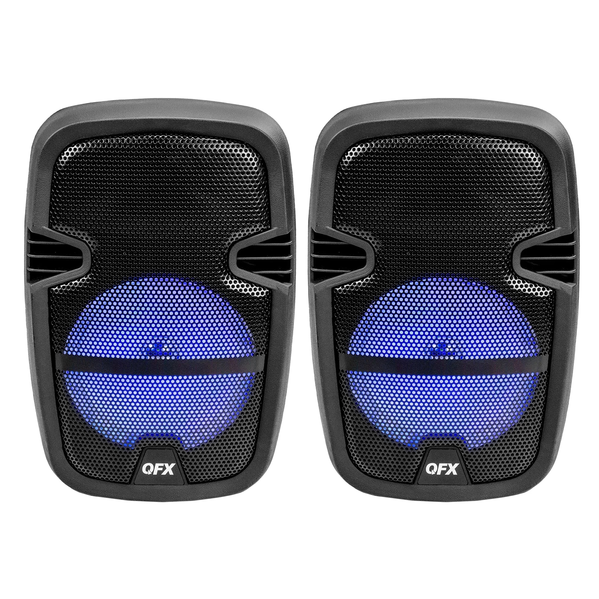 PBX-808TWS TWO 8 INCH PORTABLE PA SPEAKER SYSTEMS with 2 SPEAKERS, 2 SPEAKER STANDS, 2 WIRED MICROPHONES and 2 REMOTES