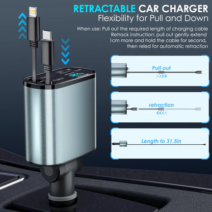 Retractable Car Charger, 66W 4 in 1 Fast Car Phone Charger, Retractable Type-C and Lightning Cables(31.5 Inch) and USB Car Charger, Compatible with Iphone 15/14/13/12/11,Ipad,Galaxy,Pixel