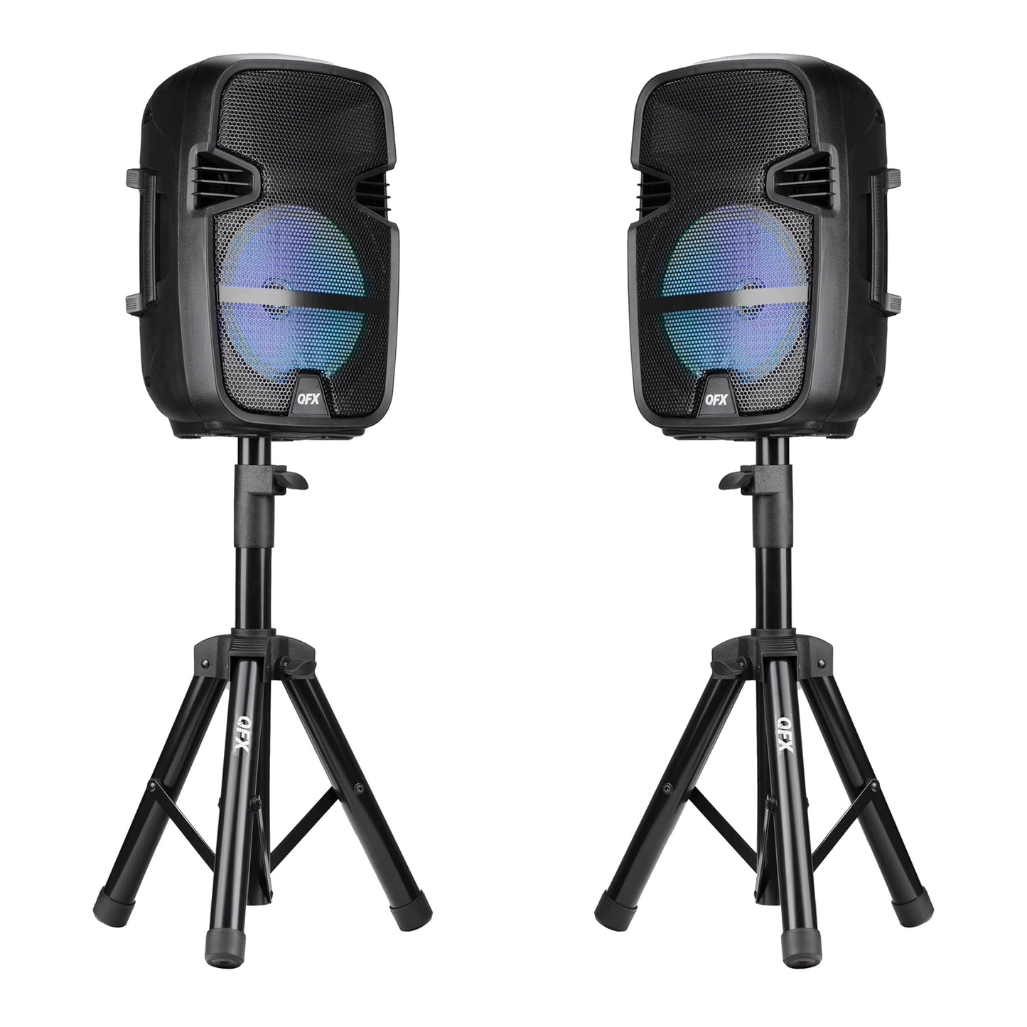 PBX-808TWS TWO 8 INCH PORTABLE PA SPEAKER SYSTEMS with 2 SPEAKERS, 2 SPEAKER STANDS, 2 WIRED MICROPHONES and 2 REMOTES